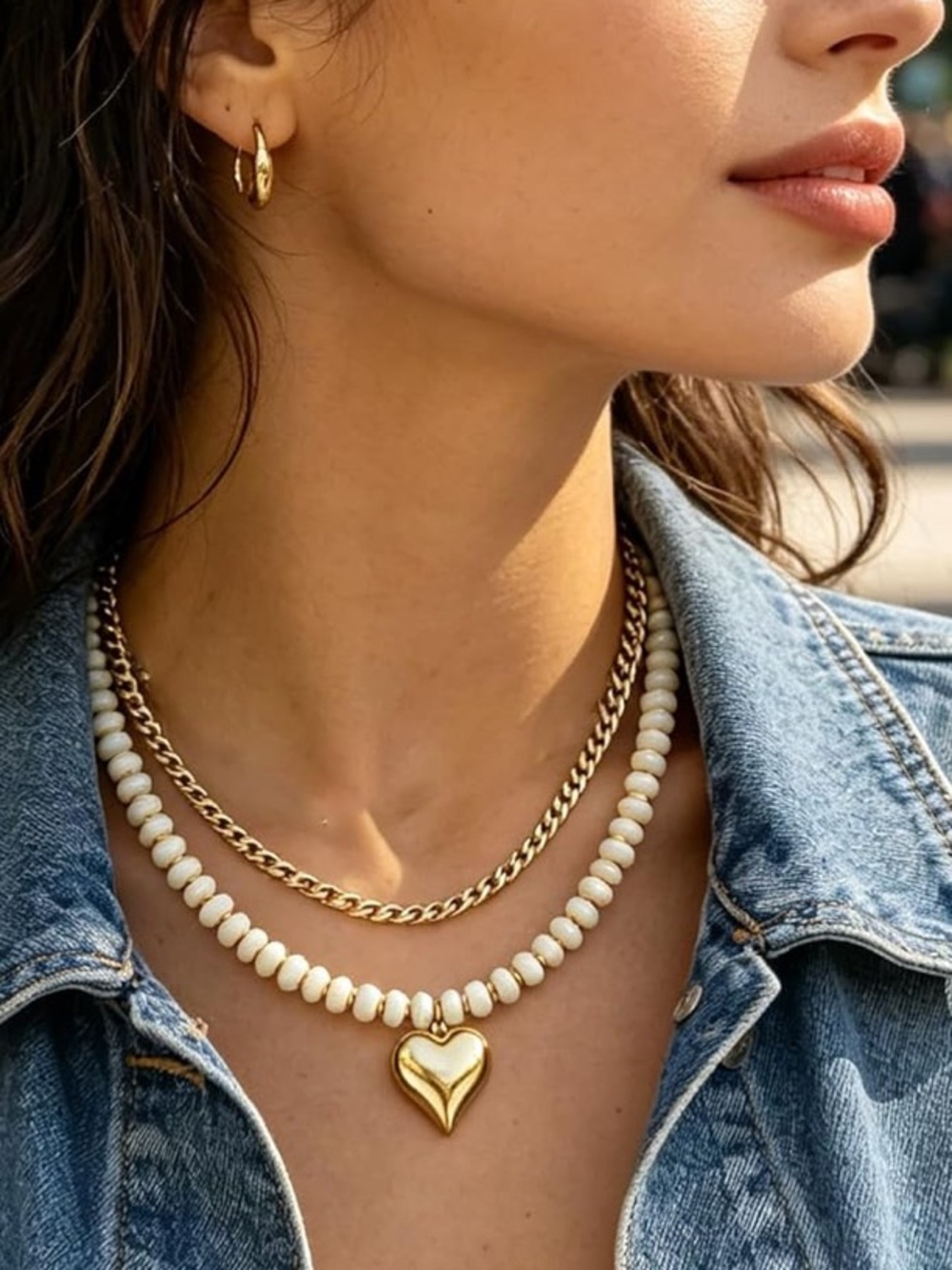 Anthropologie Gold Heart Pendant with Cream Beaded Layered Chains - Picture 2 of 6